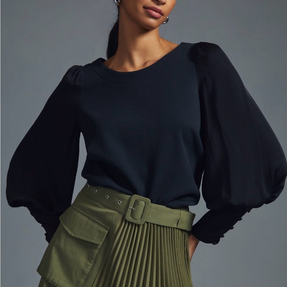 Anthropologie Black Silky Balloon Sleeve Top
